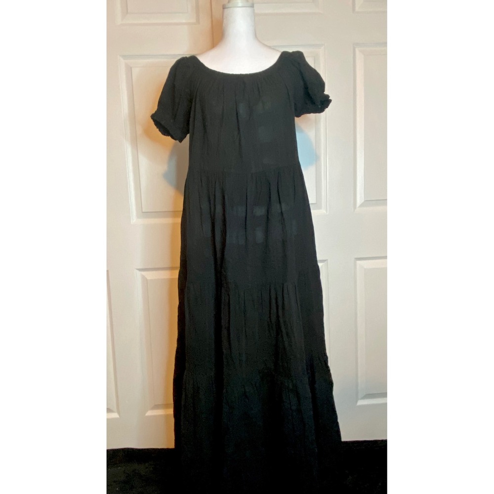 YFB Black Cotton Gauze Tiered Maxi Dress Puff Sleeve Boho Small